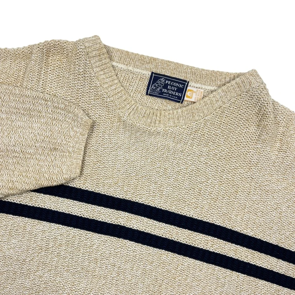 Peconic Bay Traders Mens Medium Beige Knit Blue Striped Crewneck Sweater USA Vtg